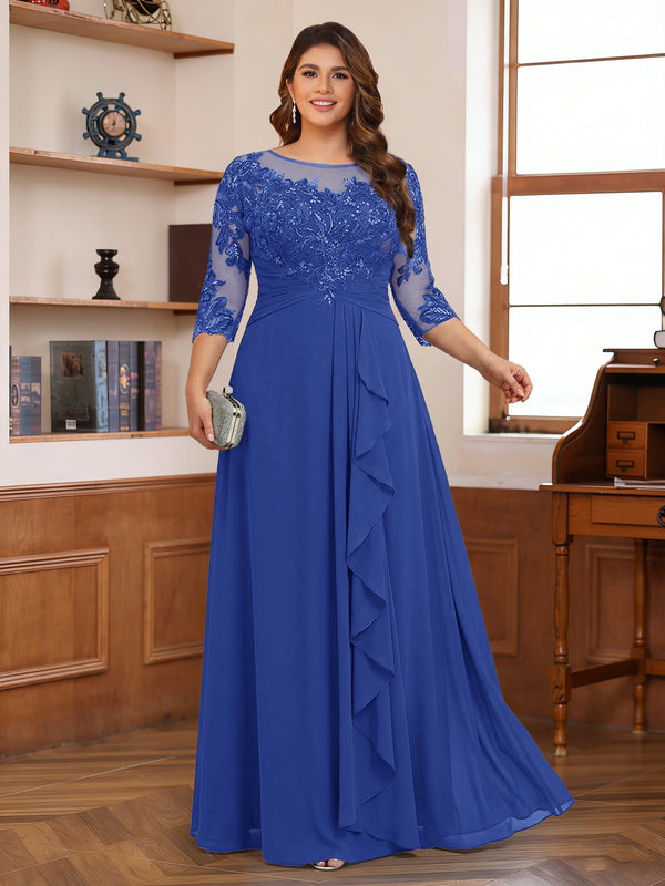 Chiffon A-Line/Princess Scoop 3/4 Sleeves Plus Size Mother of the Bride Dresses with Appliques & Ruffles