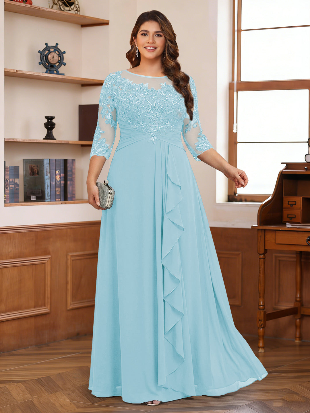 Chiffon A-Line/Princess Scoop 3/4 Sleeves Plus Size Mother of the Bride Dresses with Appliques &amp; Ruffles
