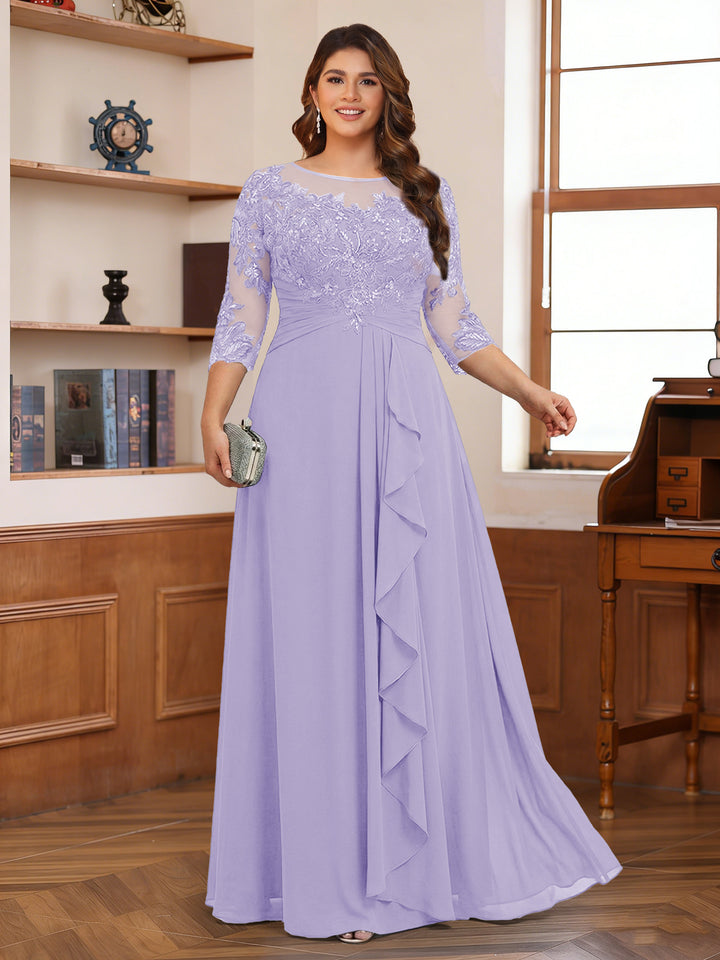 Chiffon A-Line/Princess Scoop 3/4 Sleeves Plus Size Mother of the Bride Dresses with Appliques &amp; Ruffles