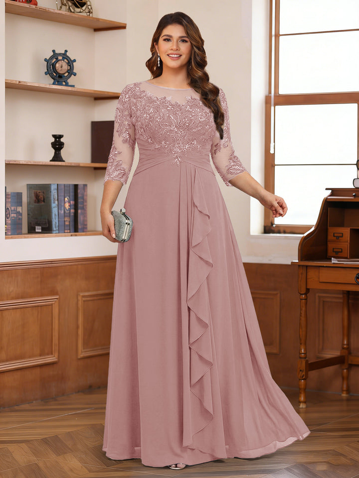 Chiffon A-Line/Princess Scoop 3/4 Sleeves Plus Size Mother of the Bride Dresses with Appliques &amp; Ruffles