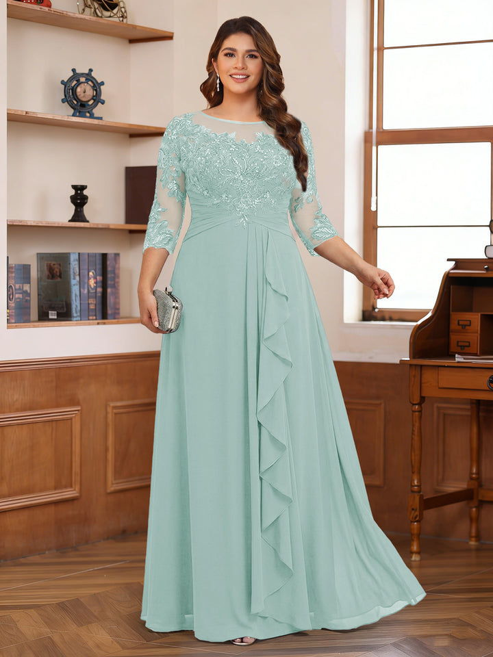 Chiffon A-Line/Princess Scoop 3/4 Sleeves Plus Size Mother of the Bride Dresses with Appliques &amp; Ruffles