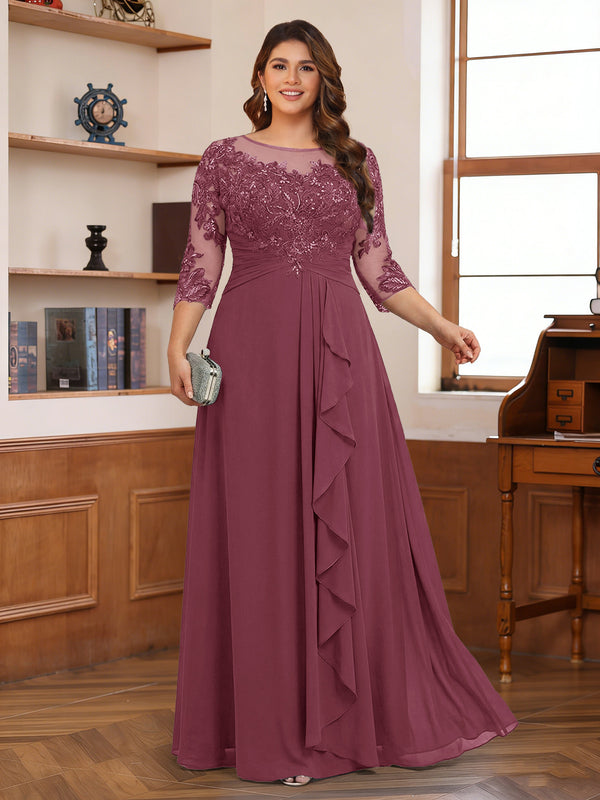 Chiffon A-Line/Princess Scoop 3/4 Sleeves Plus Size Mother of the Bride Dresses with Appliques & Ruffles