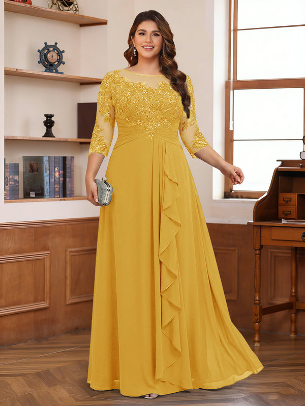 Chiffon A-Line/Princess Scoop 3/4 Sleeves Plus Size Mother of the Bride Dresses with Appliques & Ruffles