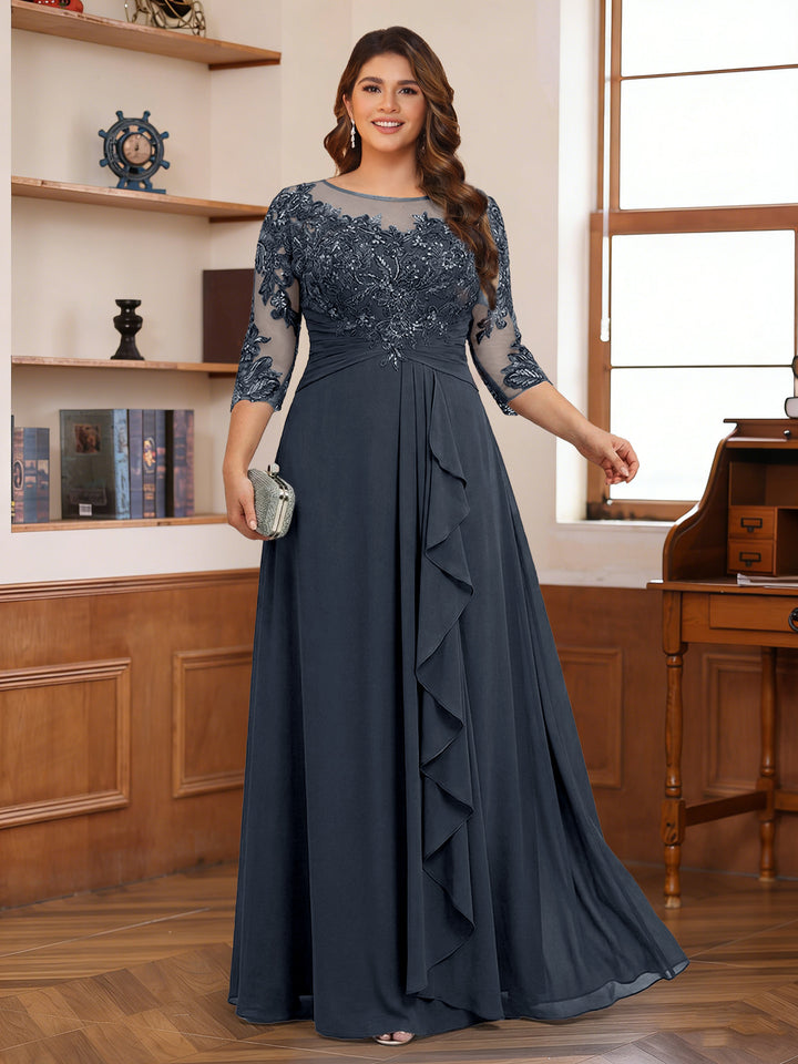 Chiffon A-Line/Princess Scoop 3/4 Sleeves Plus Size Mother of the Bride Dresses with Appliques &amp; Ruffles