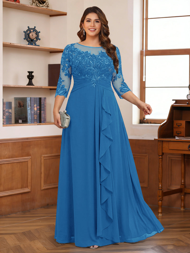 Chiffon A-Line/Princess Scoop 3/4 Sleeves Plus Size Mother of the Bride Dresses with Appliques &amp; Ruffles