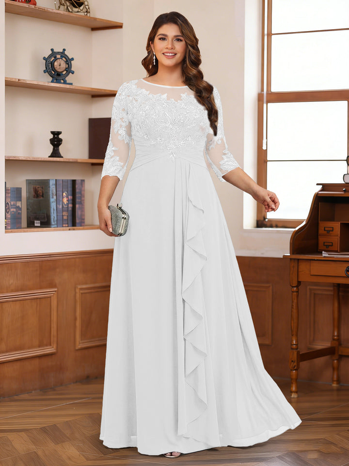 Chiffon A-Line/Princess Scoop 3/4 Sleeves Plus Size Mother of the Bride Dresses with Appliques &amp; Ruffles