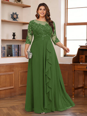 Chiffon A-Line/Princess Scoop 3/4 Sleeves Plus Size Mother of the Bride Dresses with Appliques & Ruffles