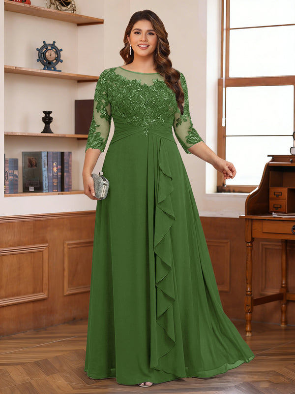 Chiffon A-Line/Princess Scoop 3/4 Sleeves Plus Size Mother of the Bride Dresses with Appliques & Ruffles