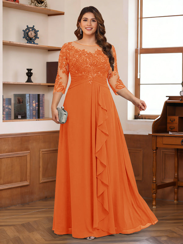 Chiffon A-Line/Princess Scoop 3/4 Sleeves Plus Size Mother of the Bride Dresses with Appliques & Ruffles