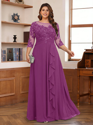 Chiffon A-Line/Princess Scoop 3/4 Sleeves Plus Size Mother of the Bride Dresses with Appliques & Ruffles