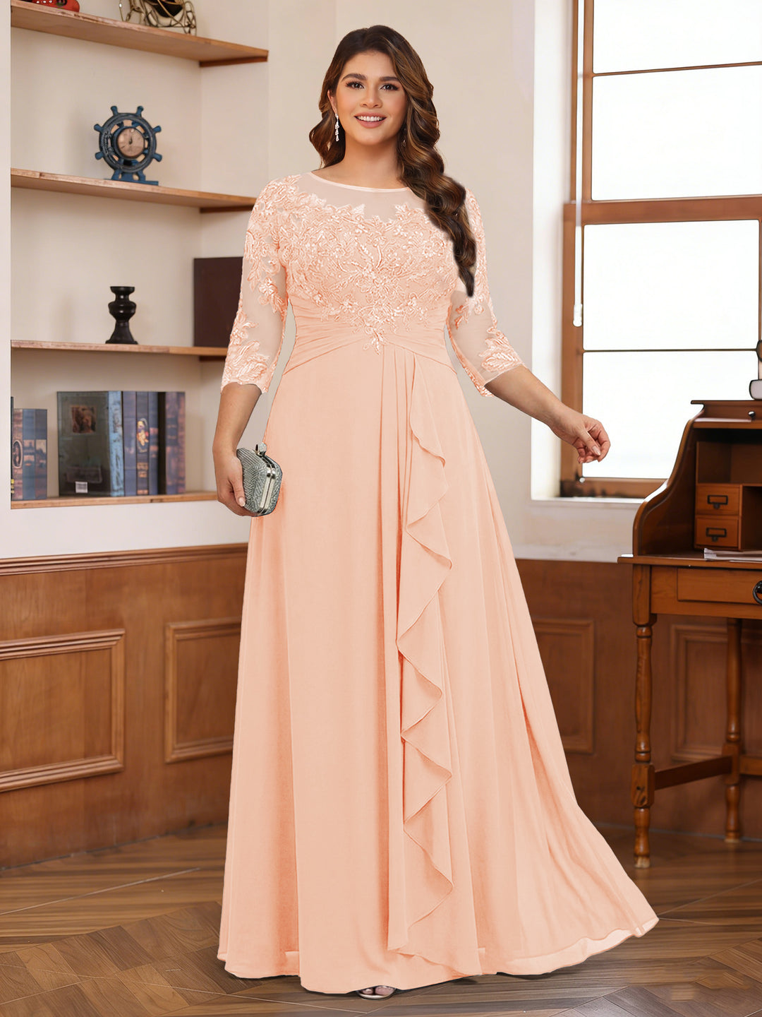 Chiffon A-Line/Princess Scoop 3/4 Sleeves Plus Size Mother of the Bride Dresses with Appliques &amp; Ruffles