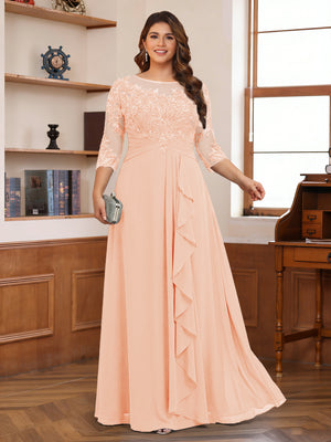 Chiffon A-Line/Princess Scoop 3/4 Sleeves Plus Size Mother of the Bride Dresses with Appliques & Ruffles