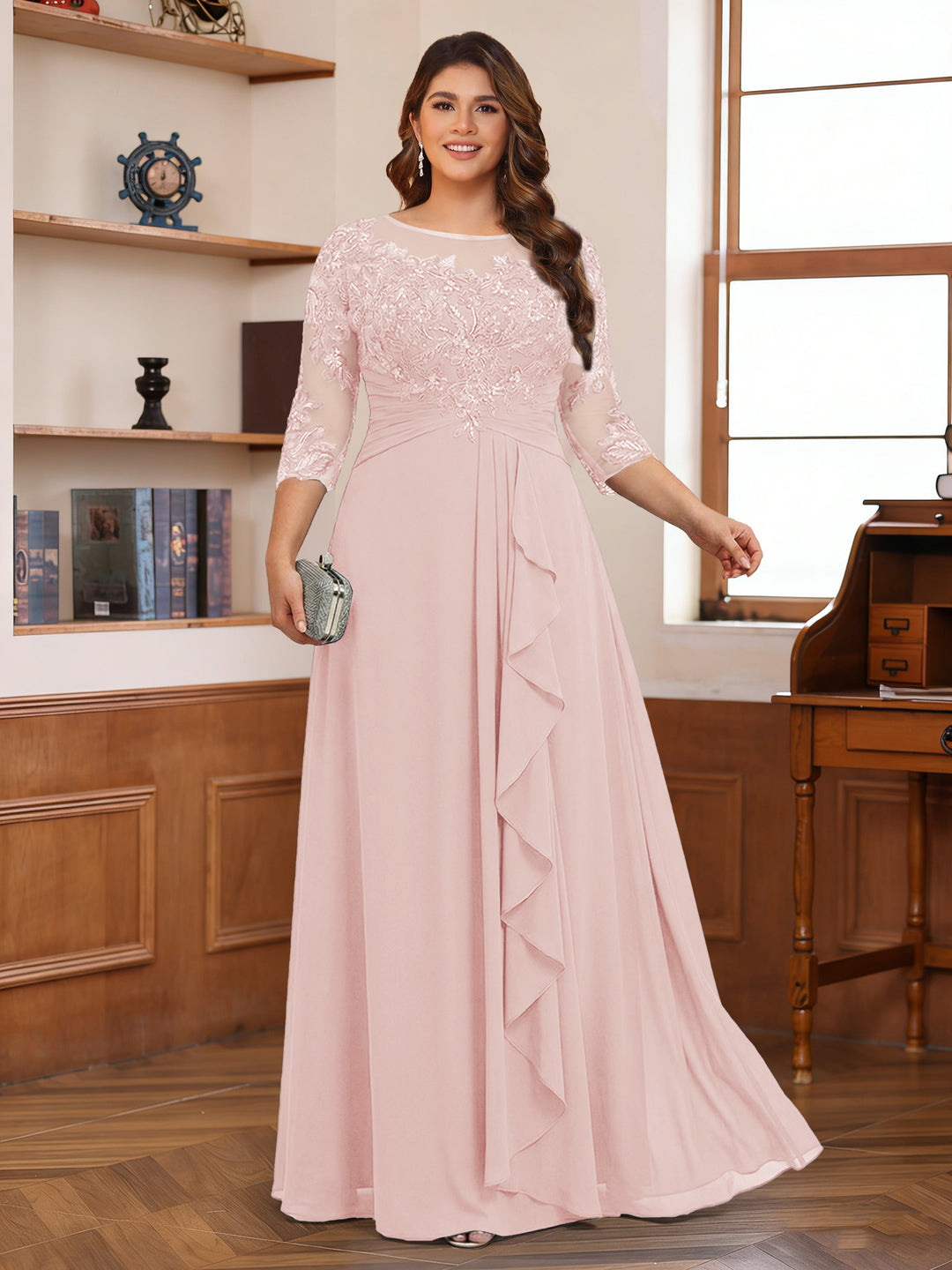 Chiffon A-Line/Princess Scoop 3/4 Sleeves Plus Size Mother of the Bride Dresses with Appliques &amp; Ruffles