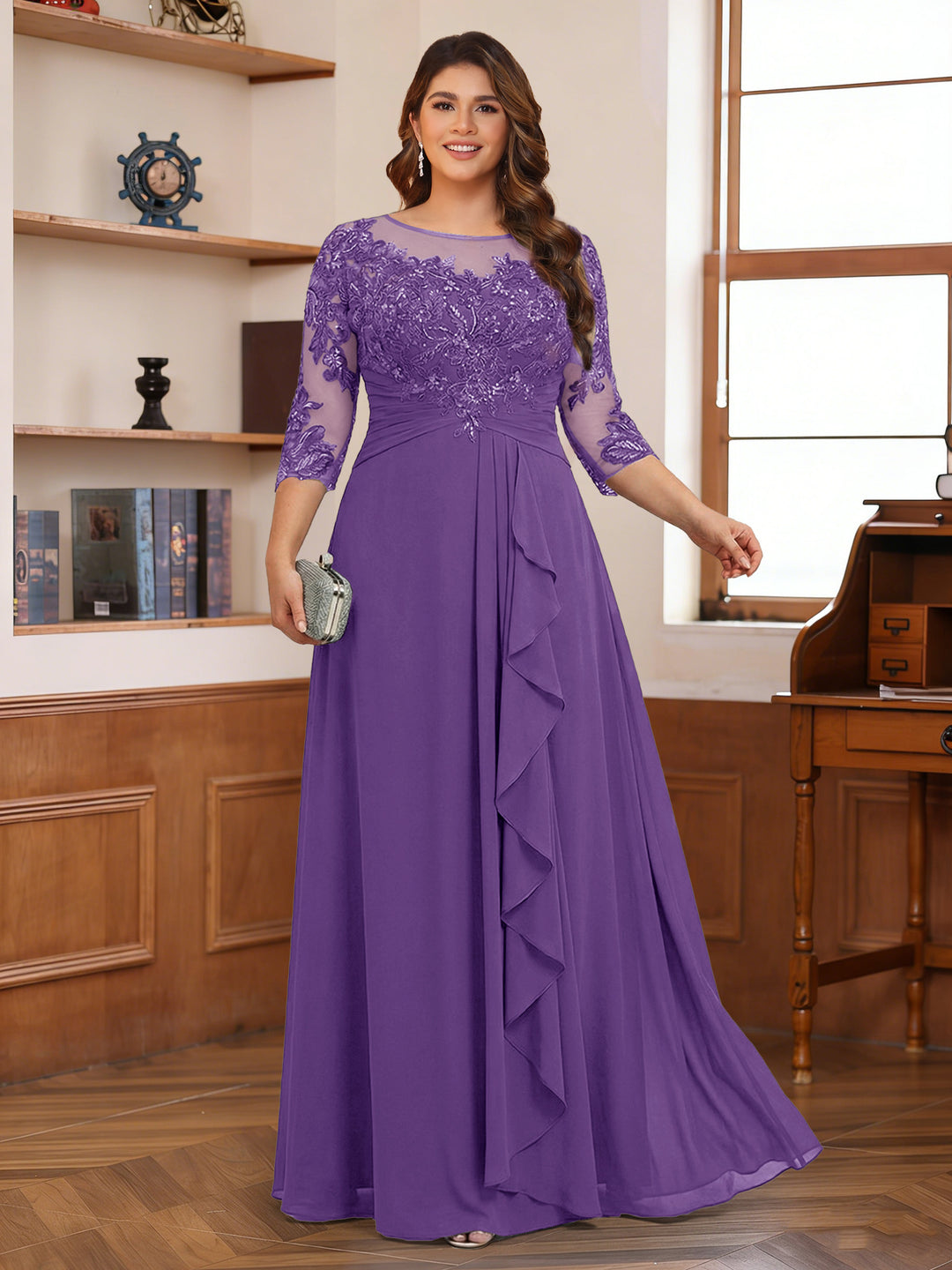 Chiffon A-Line/Princess Scoop 3/4 Sleeves Plus Size Mother of the Bride Dresses with Appliques &amp; Ruffles