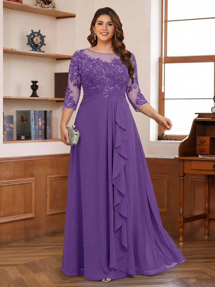 Chiffon A-Line/Princess Scoop 3/4 Sleeves Plus Size Mother of the Bride Dresses with Appliques &amp; Ruffles
