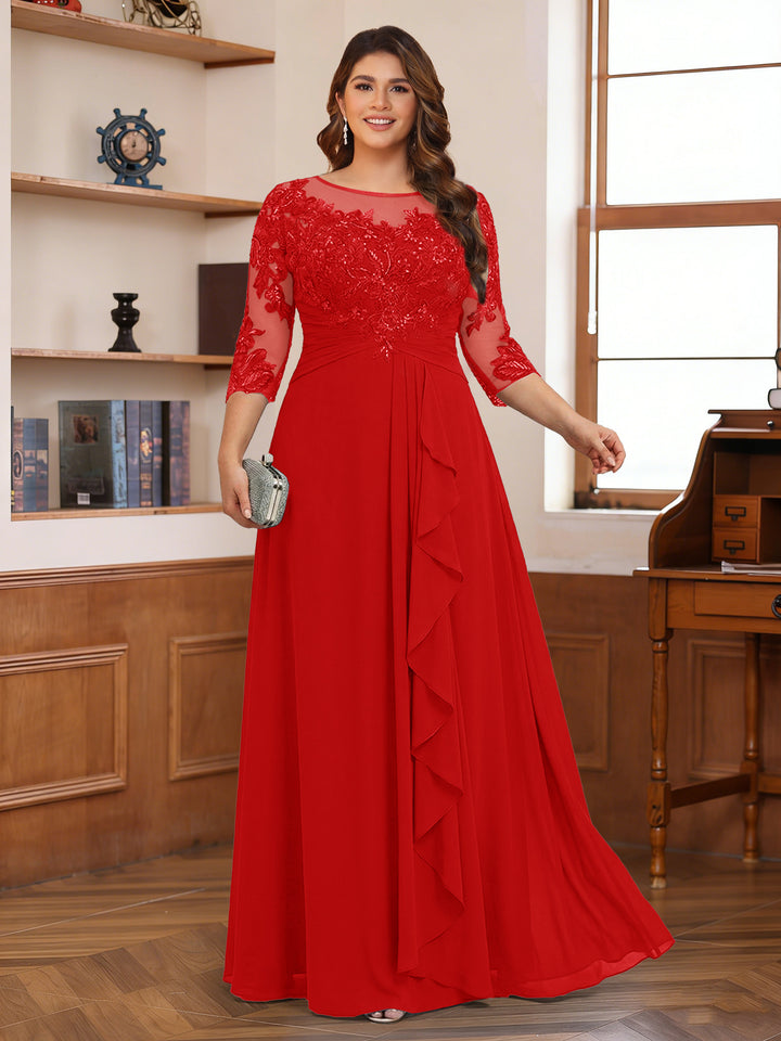Chiffon A-Line/Princess Scoop 3/4 Sleeves Plus Size Mother of the Bride Dresses with Appliques &amp; Ruffles