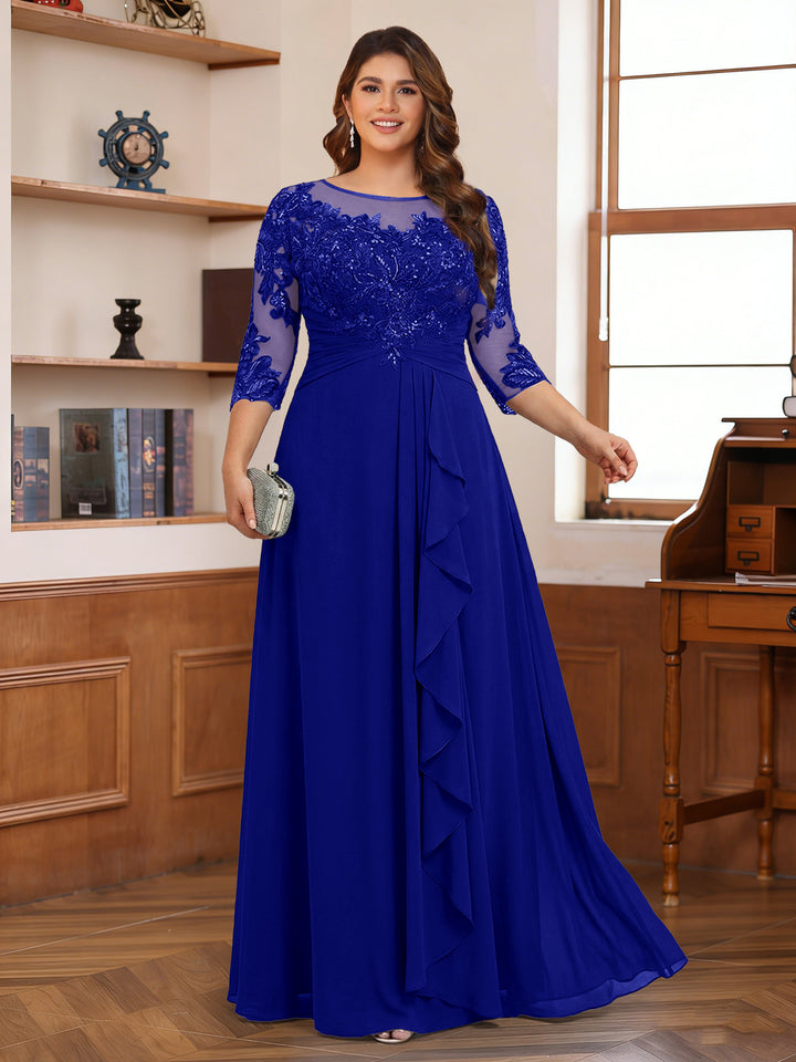 Chiffon A-Line/Princess Scoop 3/4 Sleeves Plus Size Mother of the Bride Dresses with Appliques &amp; Ruffles