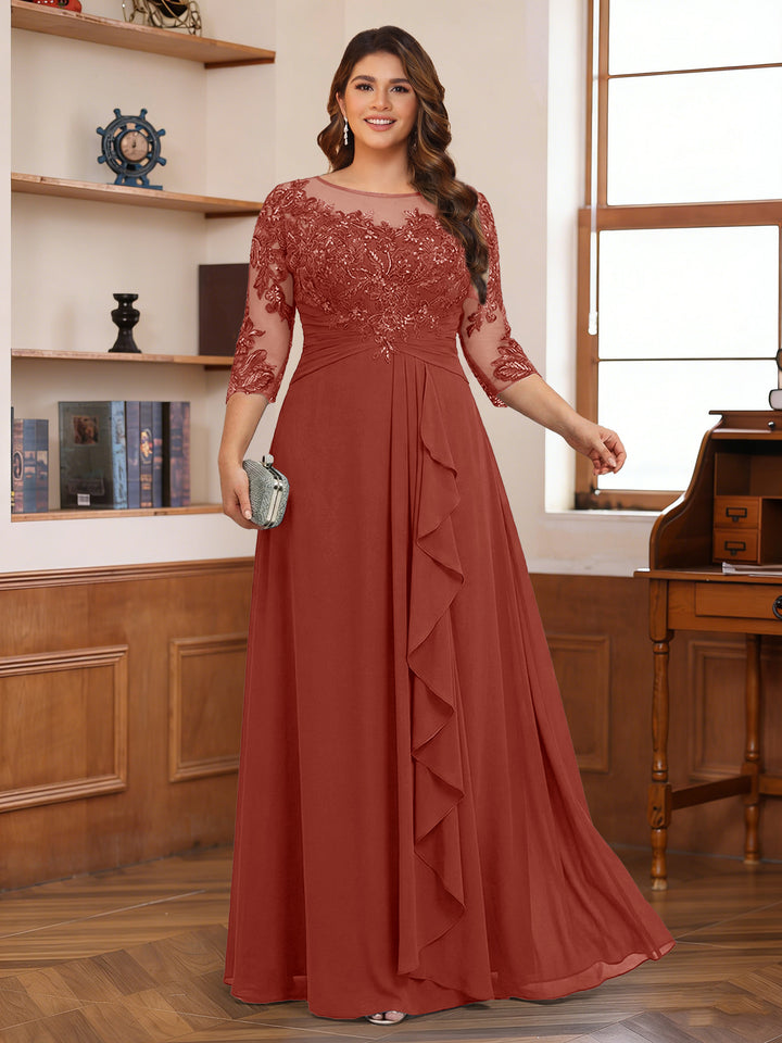 Chiffon A-Line/Princess Scoop 3/4 Sleeves Plus Size Mother of the Bride Dresses with Appliques &amp; Ruffles