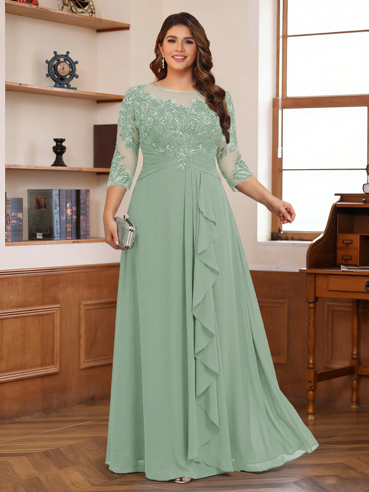Chiffon A-Line/Princess Scoop 3/4 Sleeves Plus Size Mother of the Bride Dresses with Appliques &amp; Ruffles