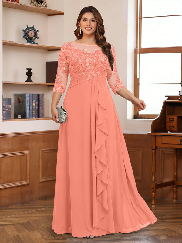 Chiffon A-Line/Princess Scoop 3/4 Sleeves Plus Size Mother of the Bride Dresses with Appliques & Ruffles