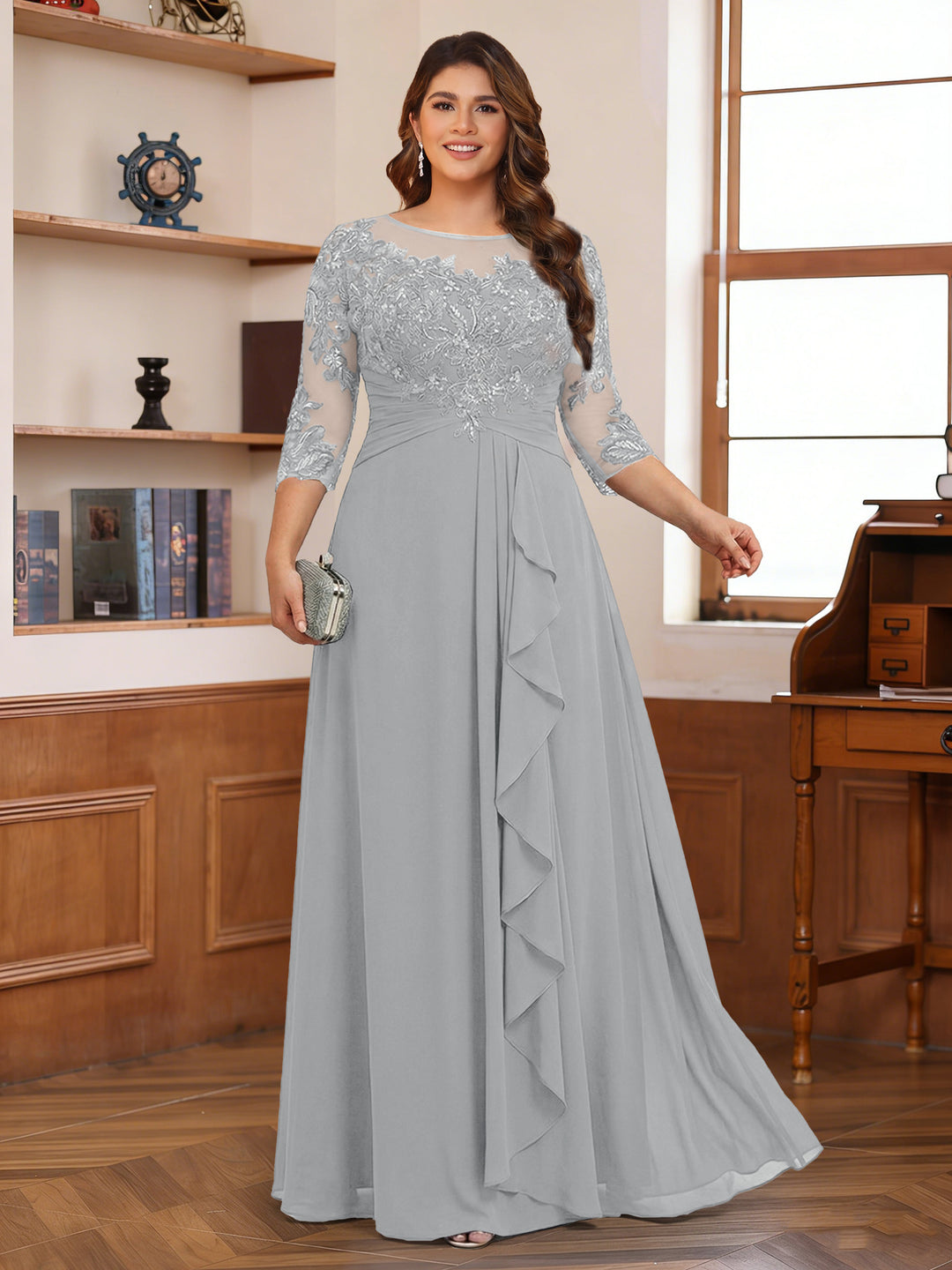 Chiffon A-Line/Princess Scoop 3/4 Sleeves Plus Size Mother of the Bride Dresses with Appliques &amp; Ruffles