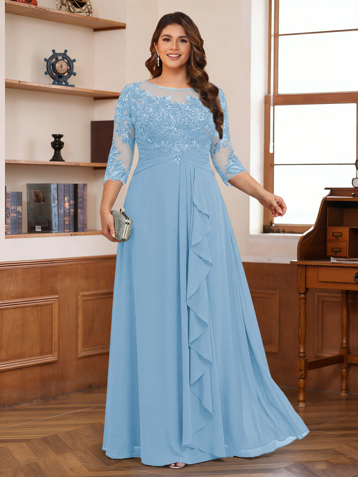 Chiffon A-Line/Princess Scoop 3/4 Sleeves Plus Size Mother of the Bride Dresses with Appliques &amp; Ruffles