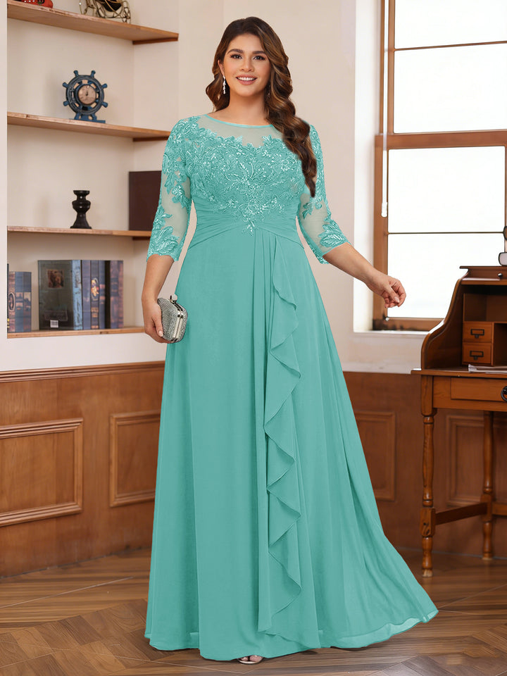 Chiffon A-Line/Princess Scoop 3/4 Sleeves Plus Size Mother of the Bride Dresses with Appliques &amp; Ruffles