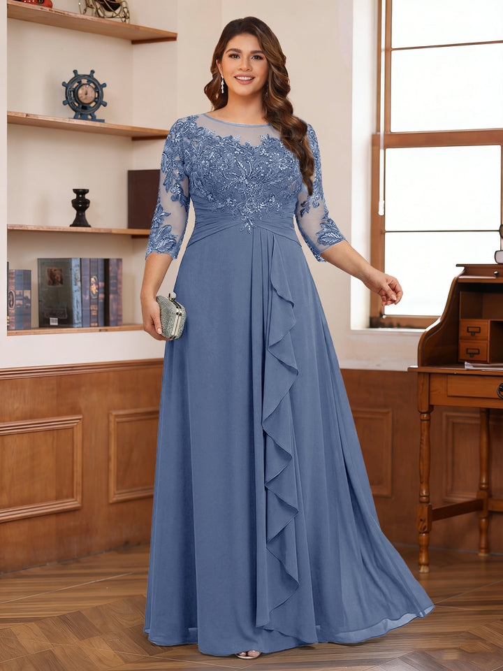 Chiffon A-Line/Princess Scoop 3/4 Sleeves Plus Size Mother of the Bride Dresses with Appliques &amp; Ruffles