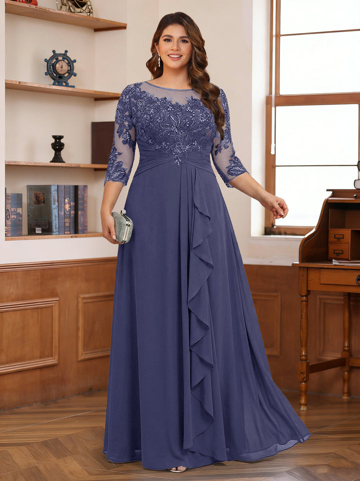 Chiffon A-Line/Princess Scoop 3/4 Sleeves Plus Size Mother of the Bride Dresses with Appliques &amp; Ruffles