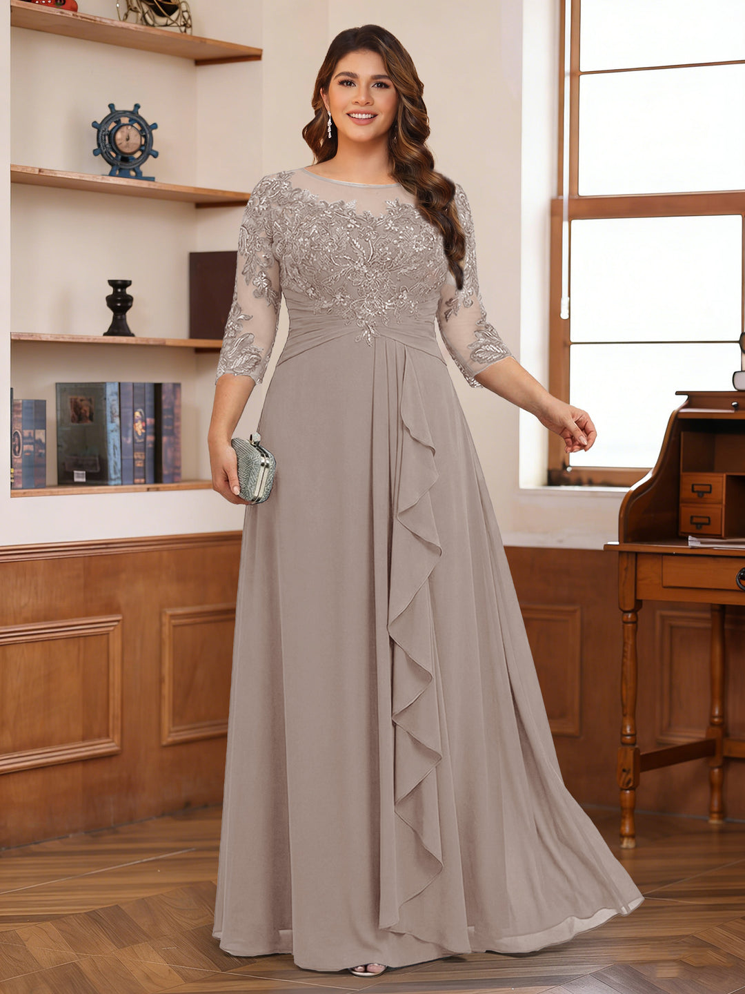 Chiffon A-Line/Princess Scoop 3/4 Sleeves Plus Size Mother of the Bride Dresses with Appliques &amp; Ruffles