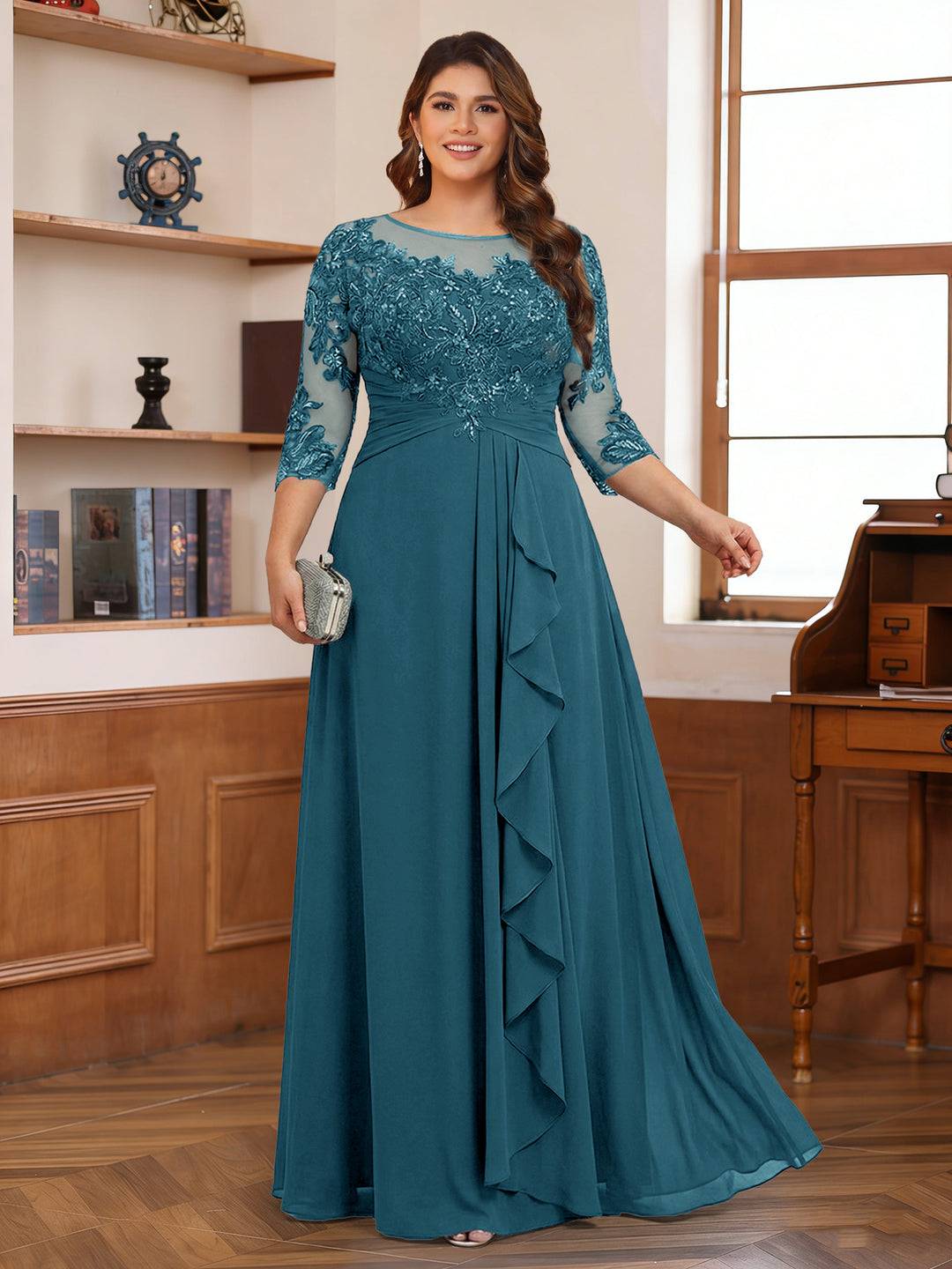 Chiffon A-Line/Princess Scoop 3/4 Sleeves Plus Size Mother of the Bride Dresses with Appliques &amp; Ruffles