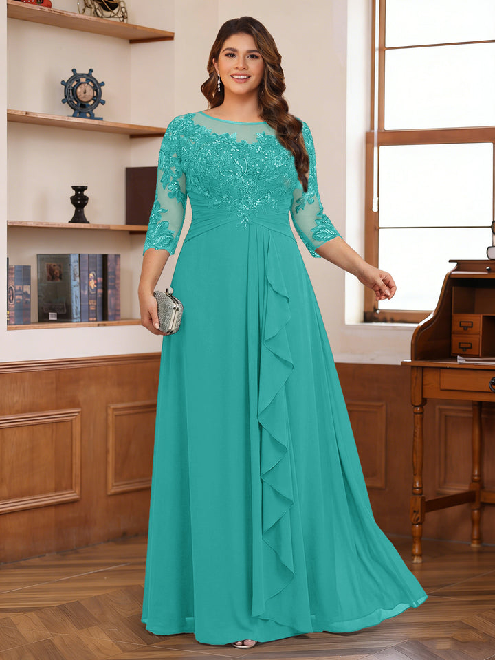 Chiffon A-Line/Princess Scoop 3/4 Sleeves Plus Size Mother of the Bride Dresses with Appliques &amp; Ruffles