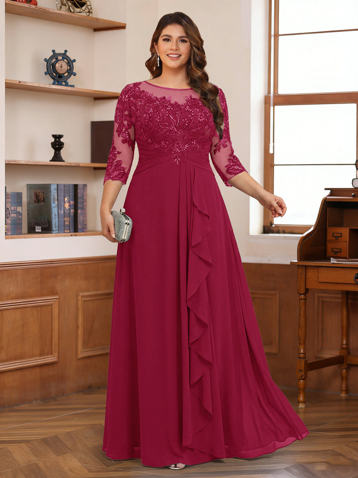 Chiffon A-Line/Princess Scoop 3/4 Sleeves Plus Size Mother of the Bride Dresses with Appliques &amp; Ruffles