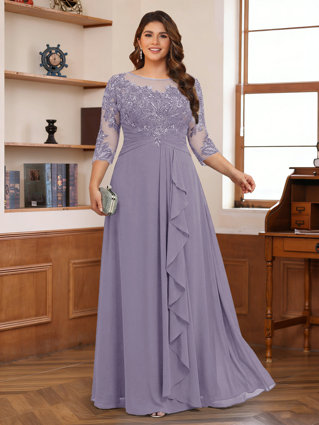 Chiffon A-Line/Princess Scoop 3/4 Sleeves Plus Size Mother of the Bride Dresses with Appliques &amp; Ruffles