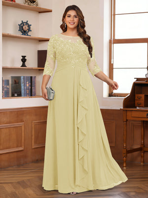 Chiffon A-Line/Princess Scoop 3/4 Sleeves Plus Size Mother of the Bride Dresses with Appliques & Ruffles