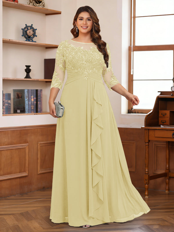 Chiffon A-Line/Princess Scoop 3/4 Sleeves Plus Size Mother of the Bride Dresses with Appliques & Ruffles