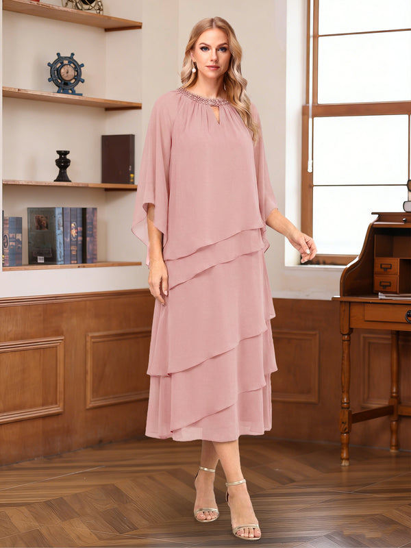 A-Line/Princess Scoop 3/4 Sleeves Tea-Length Mother of the Bride Dress With Beading