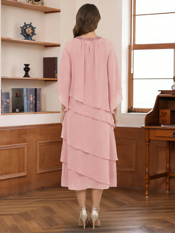 A-Line/Princess Scoop 3/4 Sleeves Tea-Length Mother of the Bride Dress With Beading