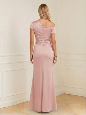 Sheath/Column Asymmetrical One-Shoulder Short Sleeves Mother of the Bride Dresses with Ruched