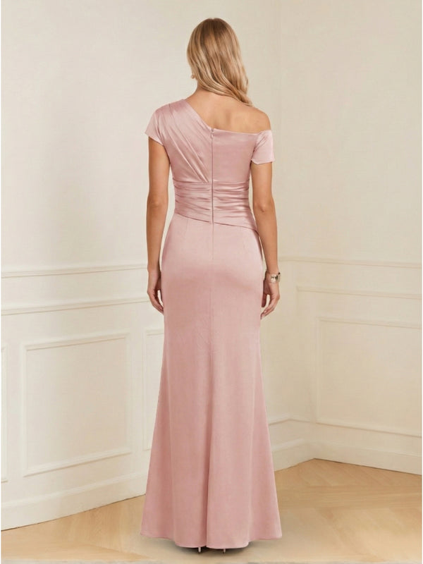 Sheath/Column Asymmetrical One-Shoulder Short Sleeves Mother of the Bride Dresses with Ruched