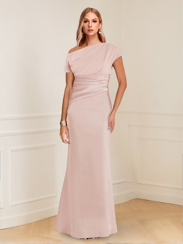 Sheath/Column Asymmetrical One-Shoulder Short Sleeves Mother of the Bride Dresses with Ruched