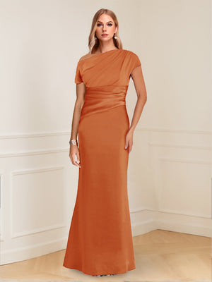 Sheath/Column Asymmetrical One-Shoulder Short Sleeves Mother of the Bride Dresses with Ruched