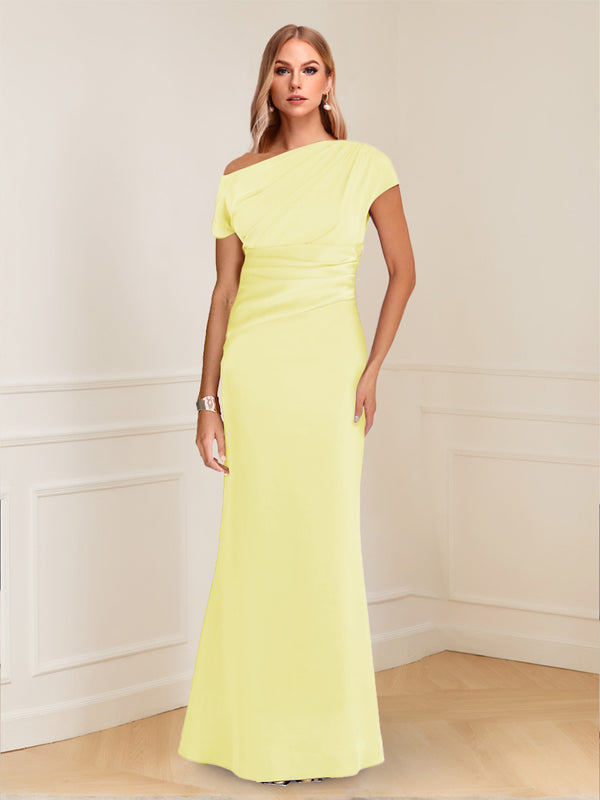 Sheath/Column Asymmetrical One-Shoulder Short Sleeves Mother of the Bride Dresses with Ruched