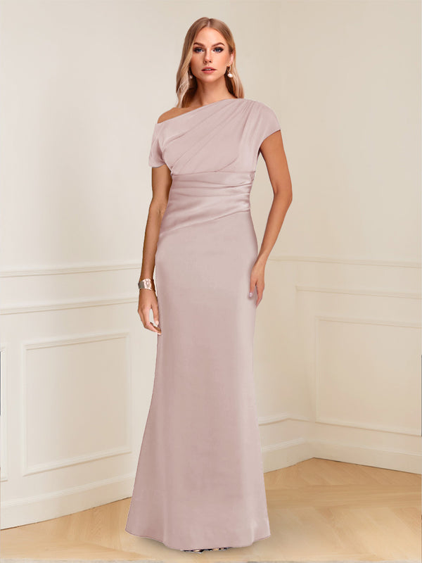 Sheath/Column Asymmetrical One-Shoulder Short Sleeves Mother of the Bride Dresses with Ruched