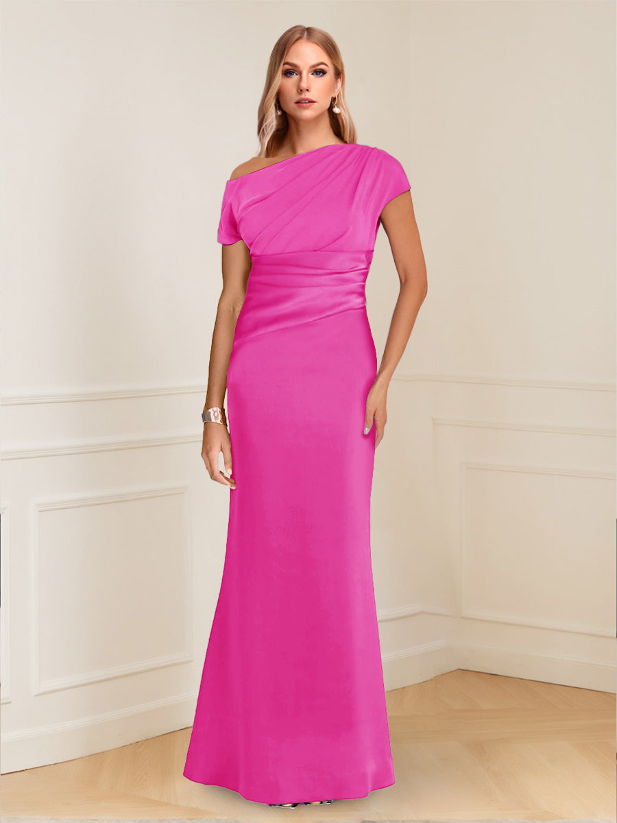 Sheath/Column Asymmetrical One-Shoulder Short Sleeves Mother of the Bride Dresses with Ruched