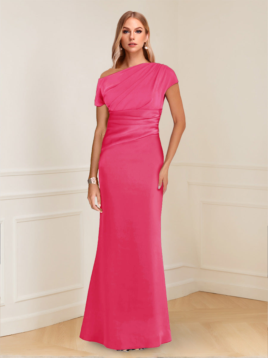 Sheath/Column Asymmetrical One-Shoulder Short Sleeves Mother of the Bride Dresses with Ruched