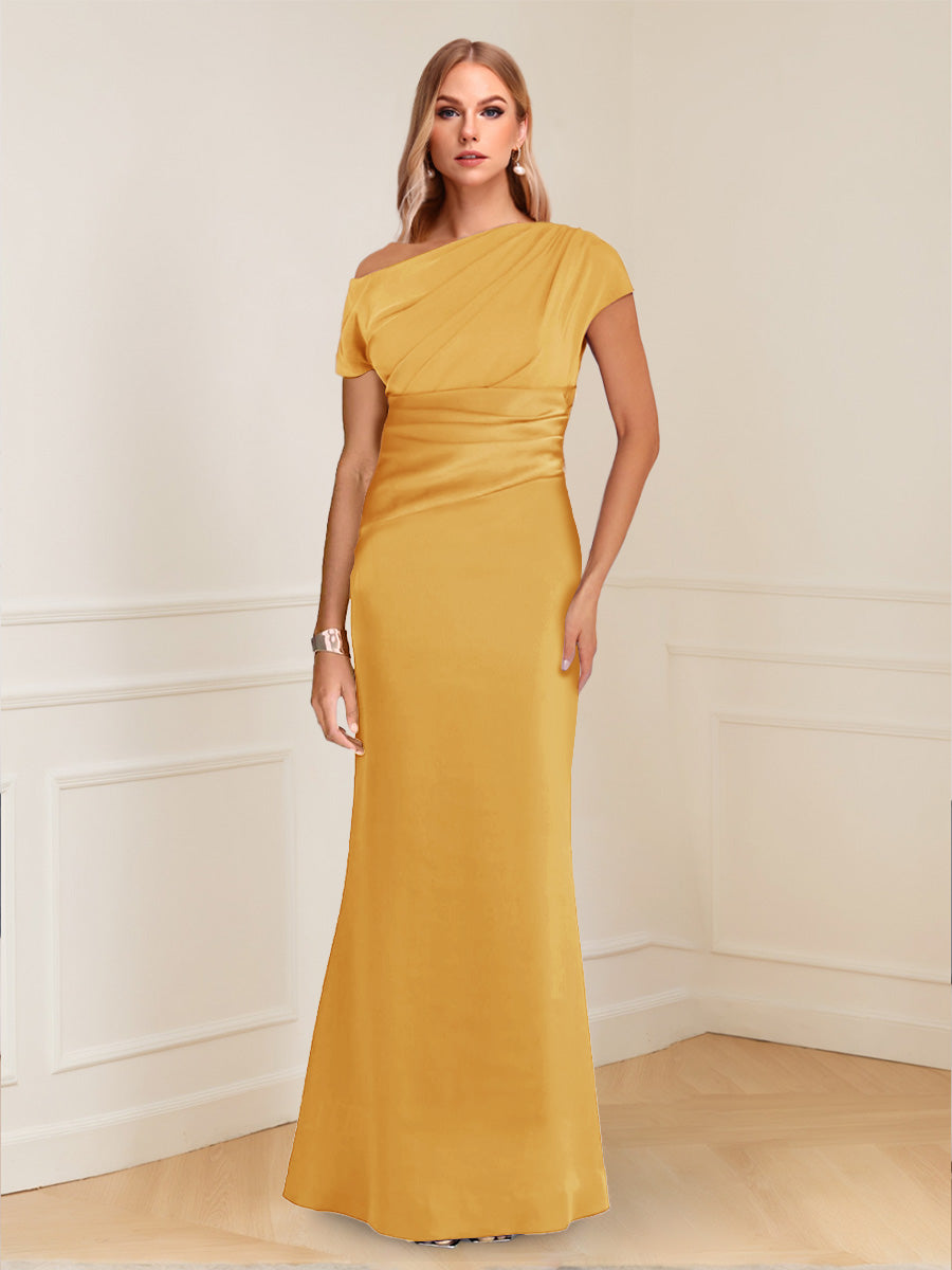 Sheath/Column Asymmetrical One-Shoulder Short Sleeves Mother of the Bride Dresses with Ruched