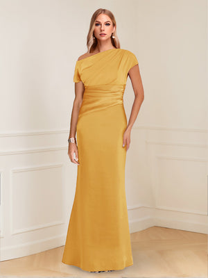 Sheath/Column Asymmetrical One-Shoulder Short Sleeves Mother of the Bride Dresses with Ruched