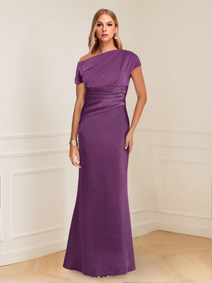 Sheath/Column Asymmetrical One-Shoulder Short Sleeves Mother of the Bride Dresses with Ruched
