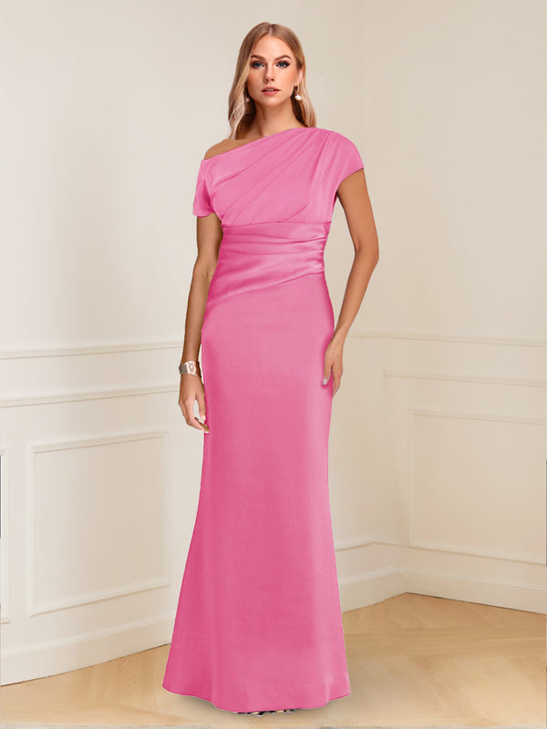 Sheath/Column Asymmetrical One-Shoulder Short Sleeves Mother of the Bride Dresses with Ruched
